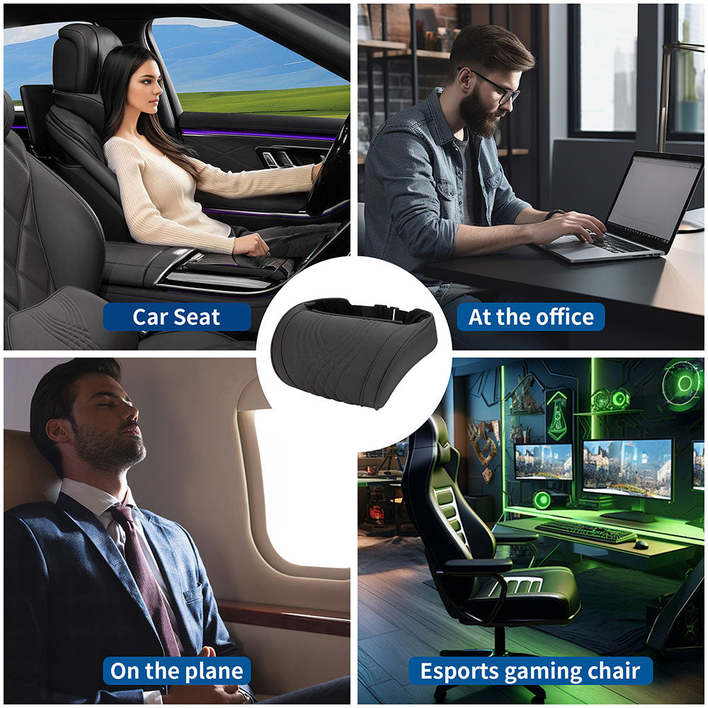 TOPABYTE Car Breathable Leather Headrest Neck Pillow Memory Foam with Embroidered Design (Black/White/Red/Palomino)