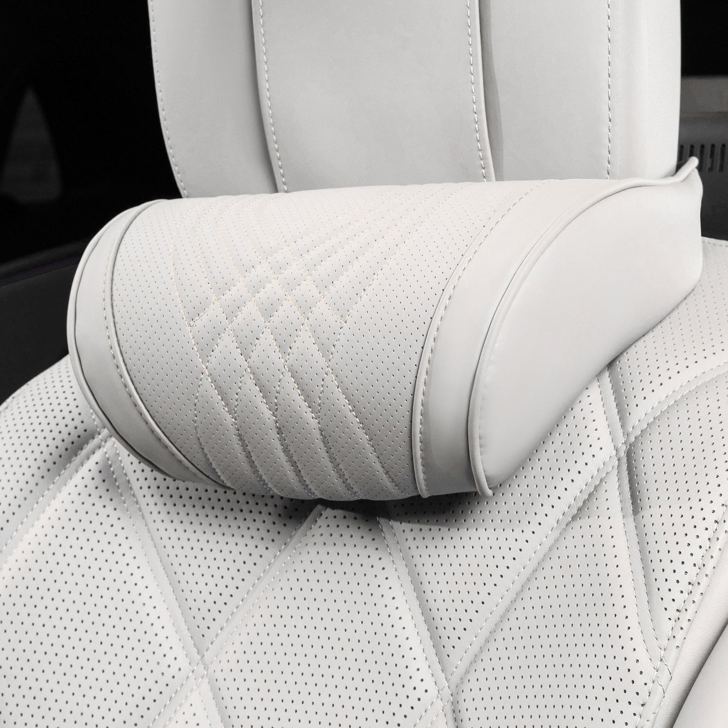 TOPABYTE Car Breathable Leather Headrest Neck Pillow Memory Foam with Embroidered Design (Black/White/Red/Palomino)