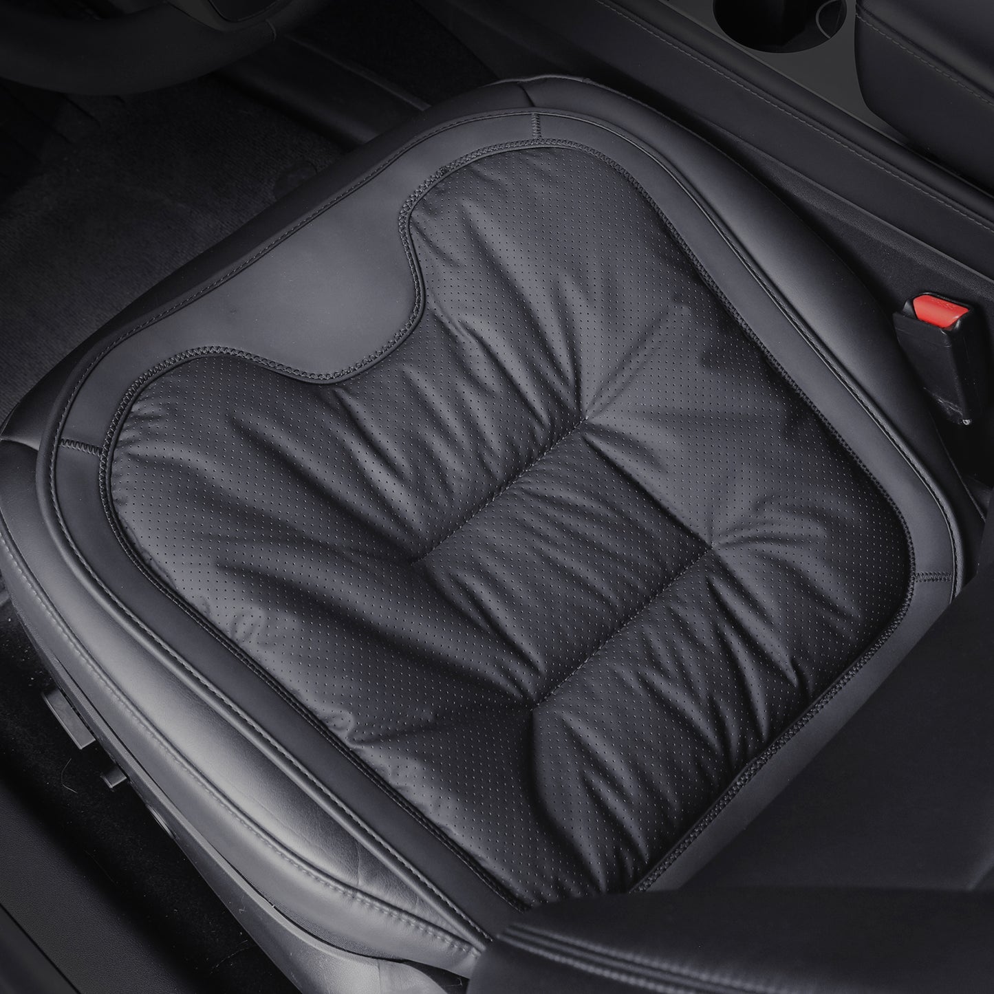 TOPABYTE Black & White Adjustable Leather Car Seat Cushion with Velvet Lining Universal for Most Cars