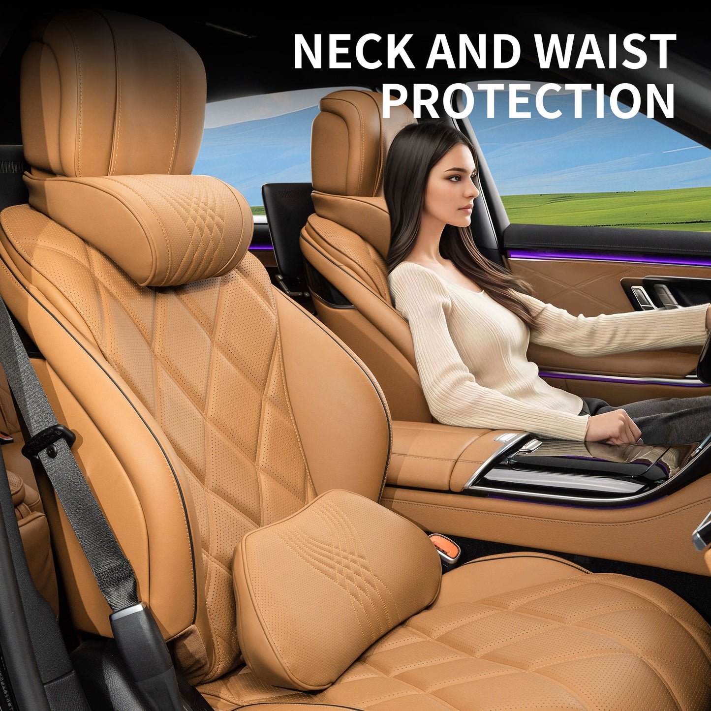 TOPABYTE Car Breathable Leather Headrest Neck Pillow Memory Foam with Embroidered Design (Black/White/Red/Palomino)