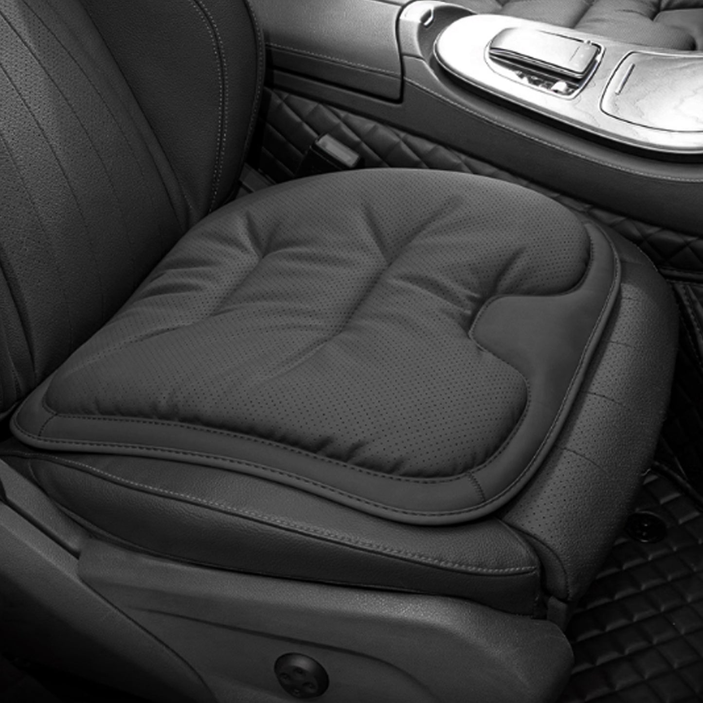 TOPABYTE Black & White Adjustable Leather Car Seat Cushion with Velvet Lining Universal for Most Cars