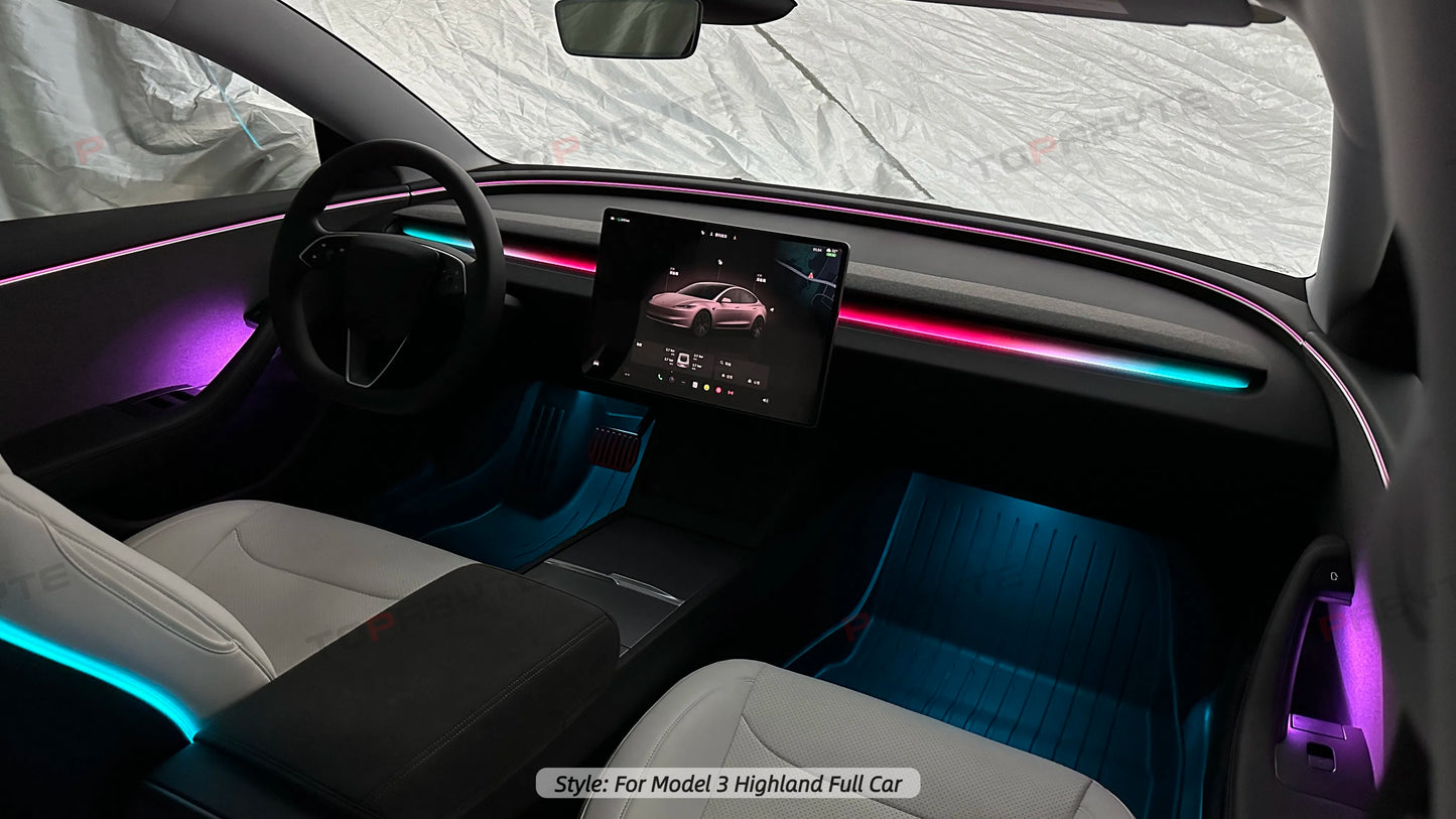 topabyte model 3 highland 2024 interior ambient light kit seat back dashboard air vent led rgb colors 128 door handrail storage footwell wireless charger
