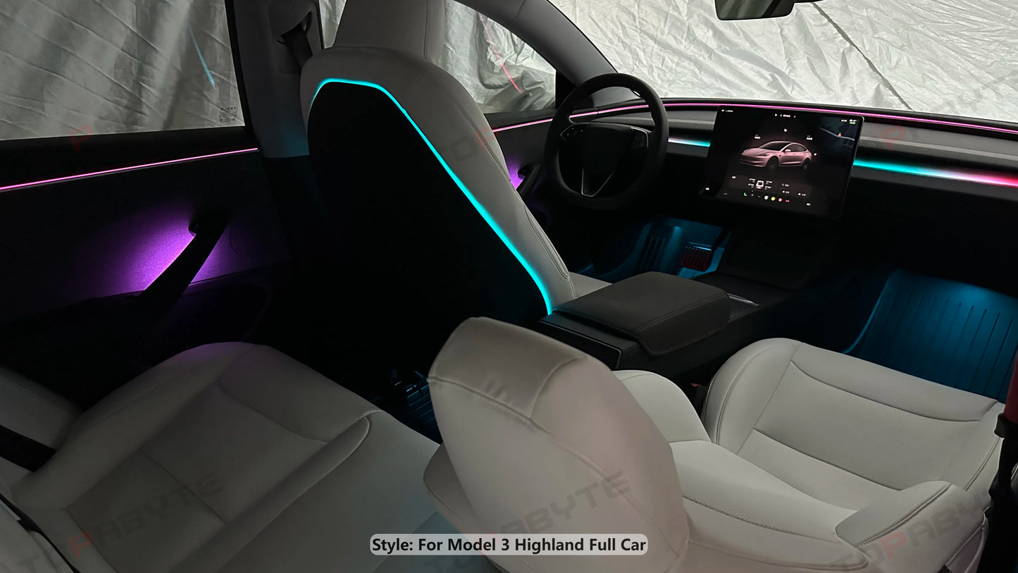 topabyte model 3 highland 2024 interior ambient light kit seat back dashboard air vent led rgb colors 128 door handrail storage footwell wireless charger