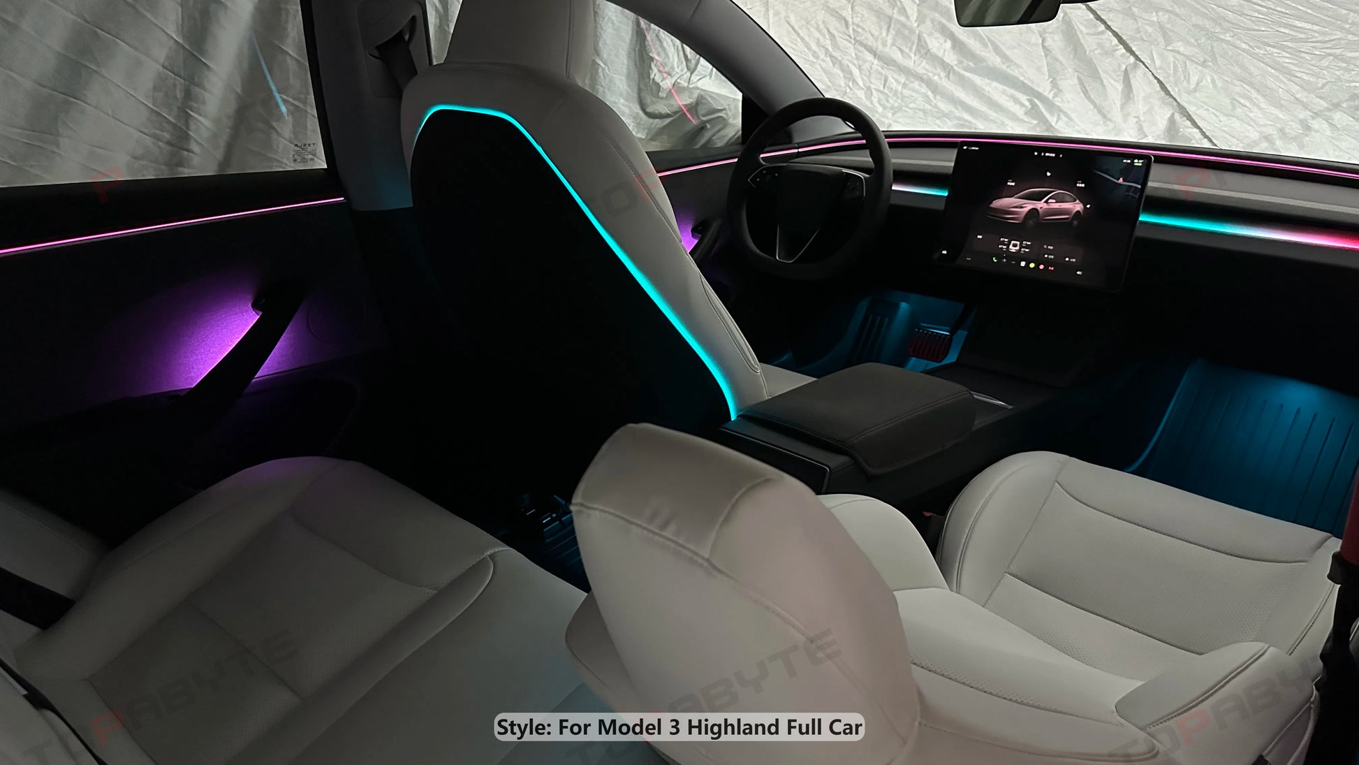topabyte model 3 highland 2024 interior ambient light kit seat back dashboard air vent led rgb colors 128 door handrail storage footwell wireless charger