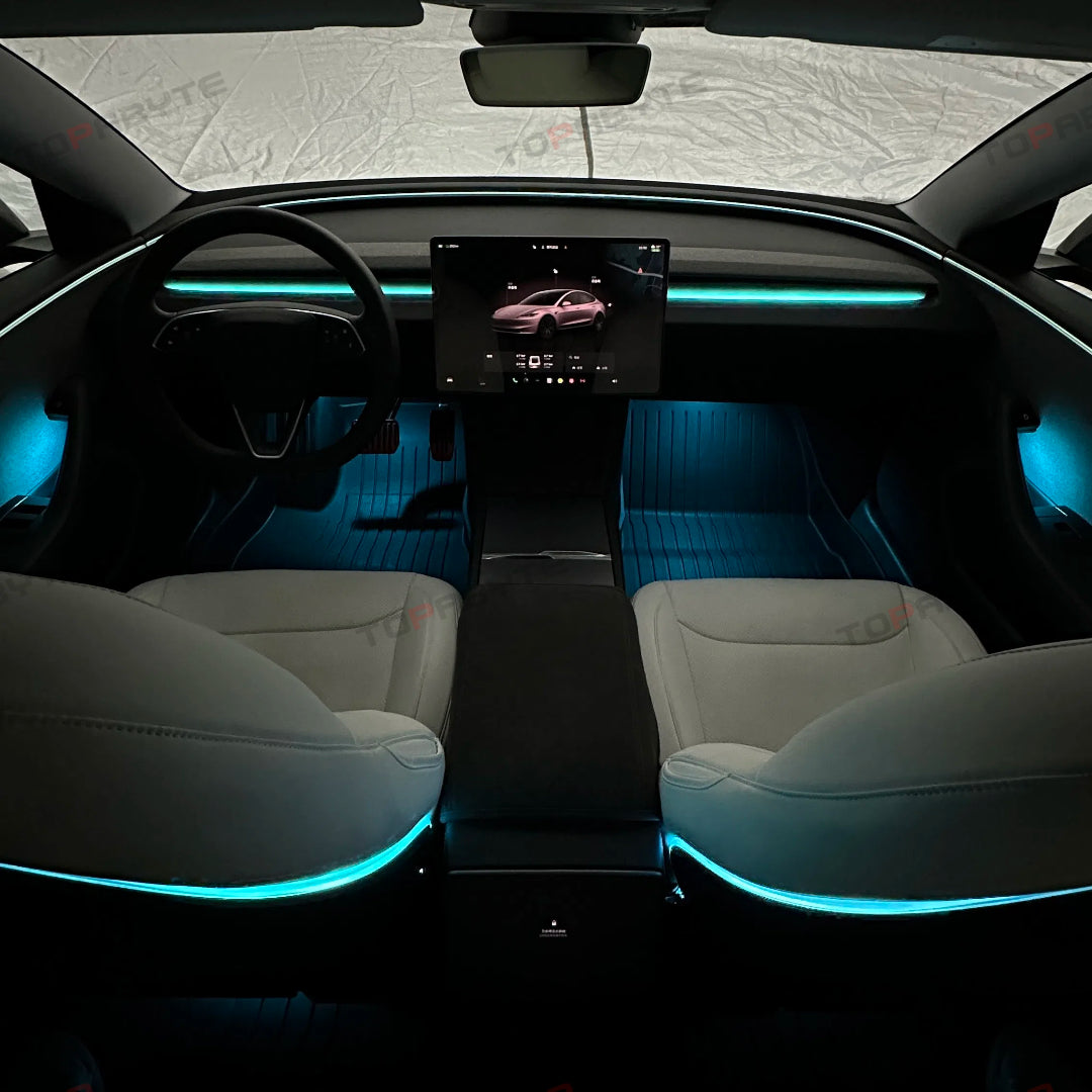 topabyte model 3 highland 2024 interior ambient light kit seat back dashboard air vent led rgb colors 128 door handrail storage footwell wireless charger