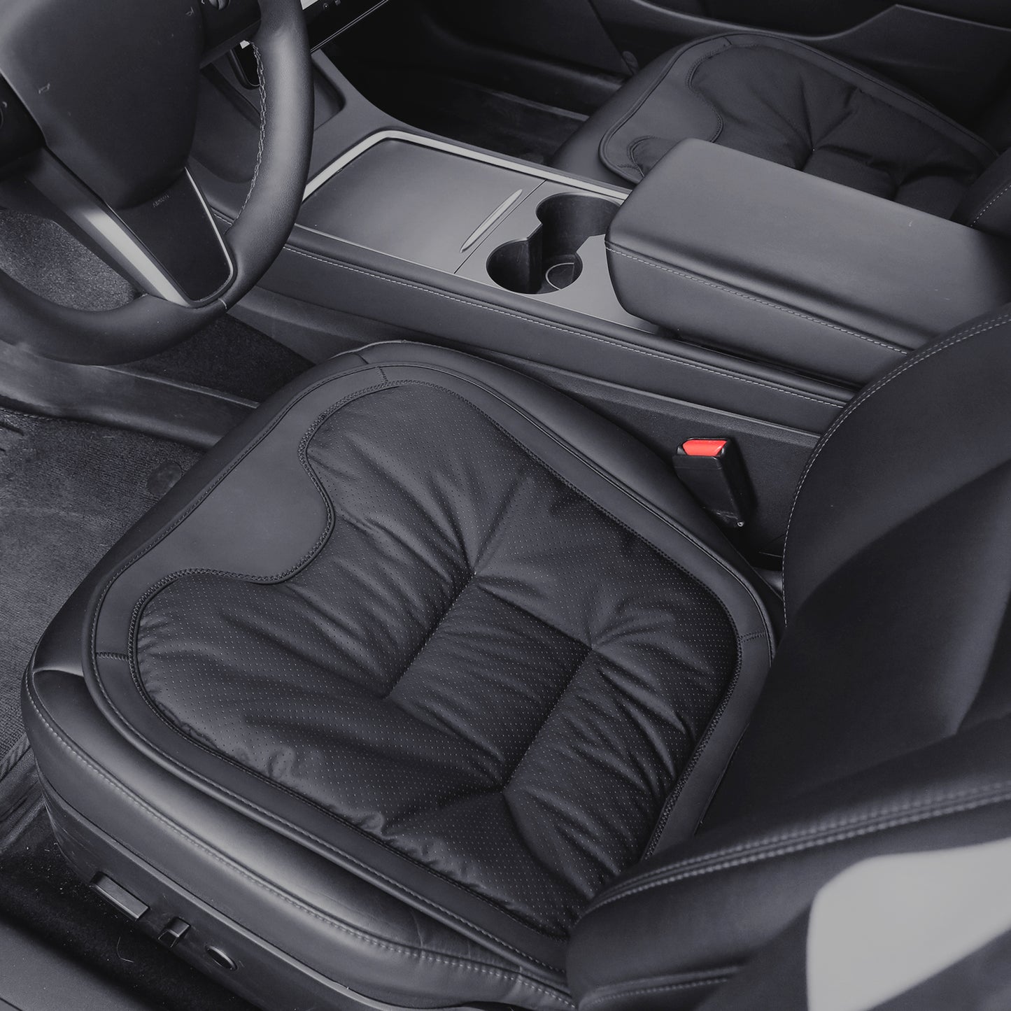 TOPABYTE Black & White Adjustable Leather Car Seat Cushion with Velvet Lining Universal for Most Cars