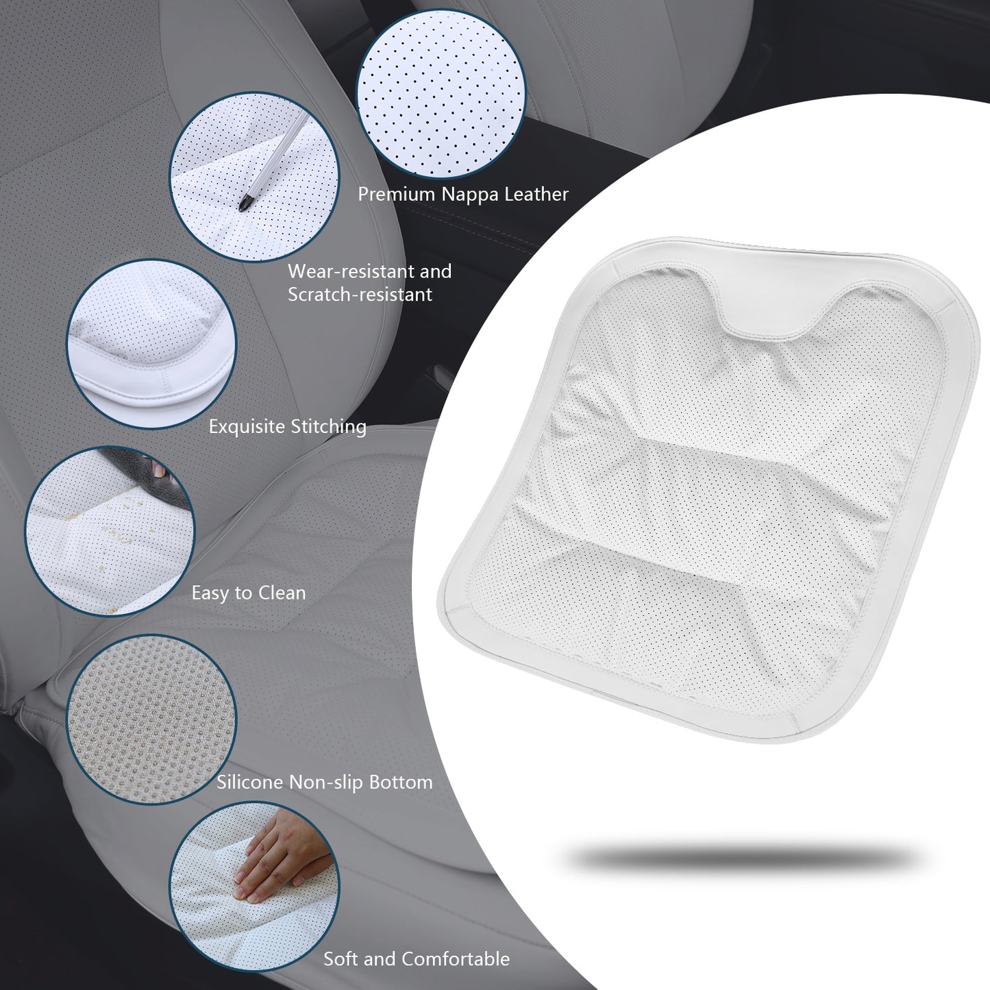 TOPABYTE Black & White Adjustable Leather Car Seat Cushion with Velvet Lining Universal for Most Cars