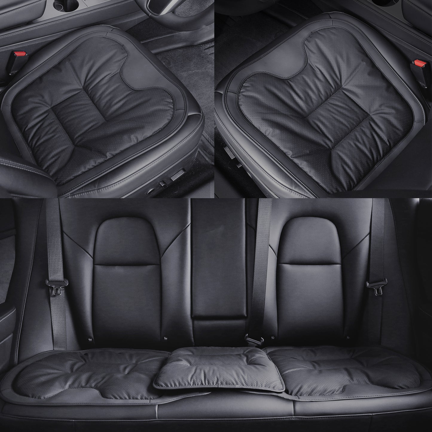 TOPABYTE Black & White Adjustable Leather Car Seat Cushion with Velvet Lining Universal for Most Cars
