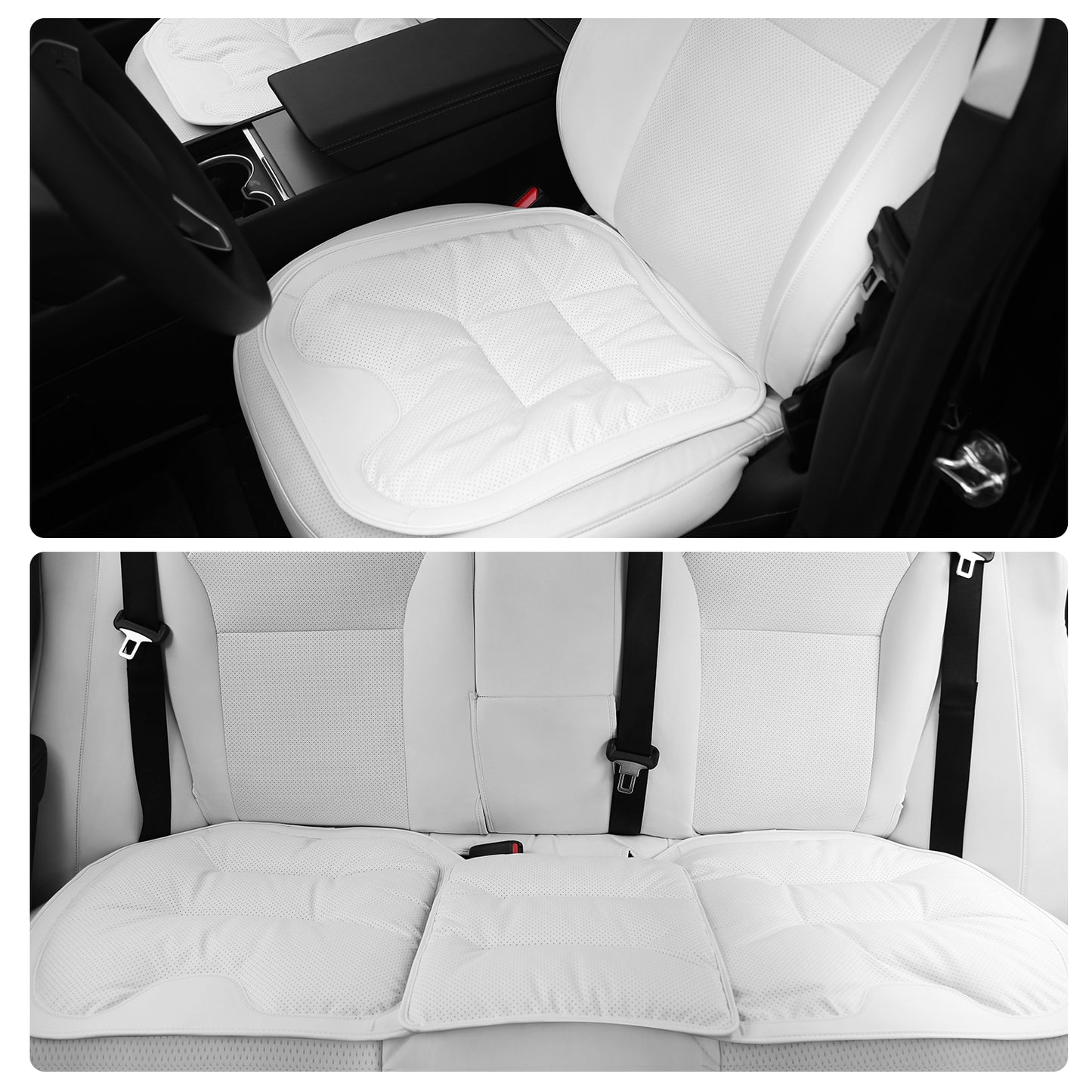 TOPABYTE Black & White Adjustable Leather Car Seat Cushion with Velvet Lining Universal for Most Cars