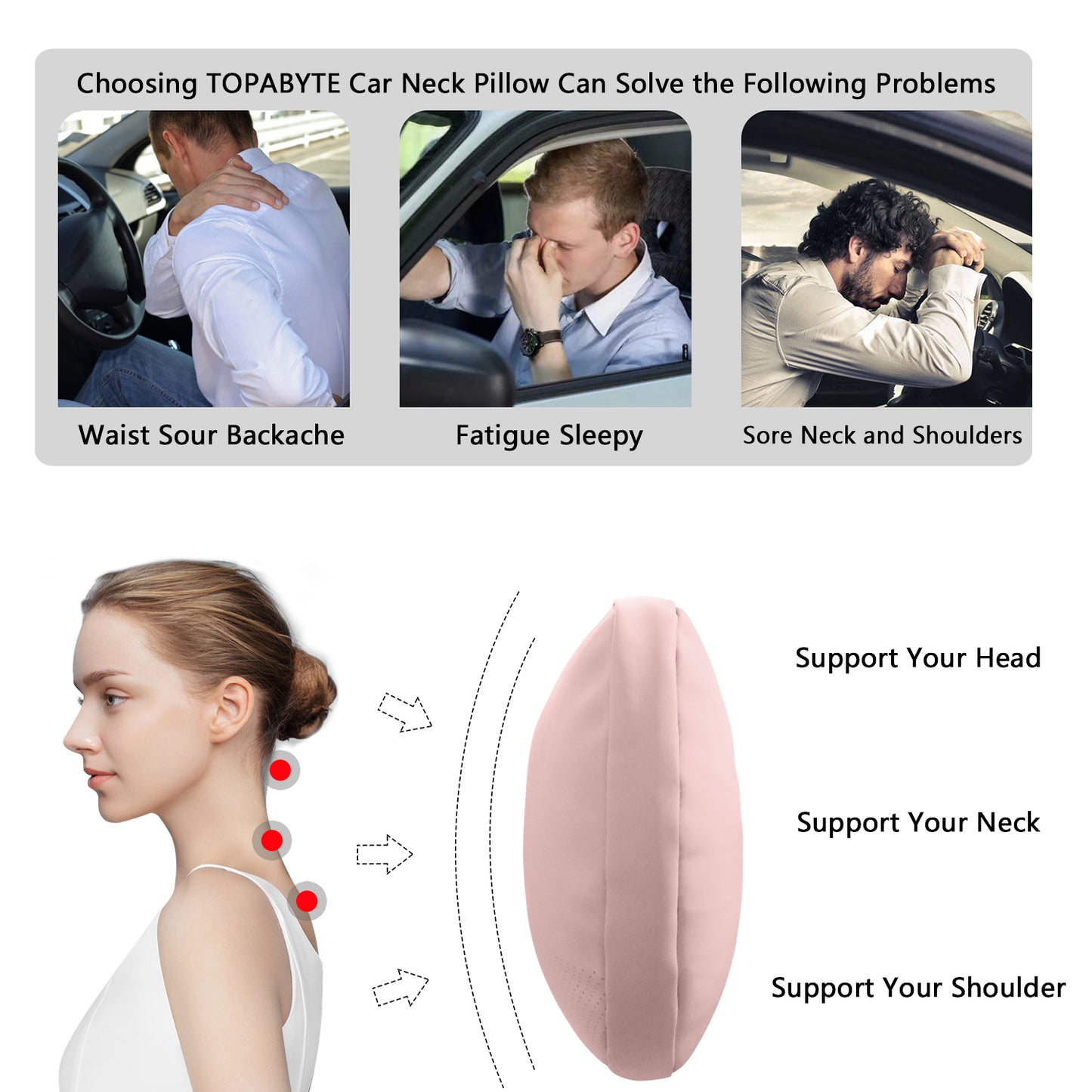 TOPABYTE Universal Car Headrest Nappa Leather Neck Pillow (Black White Pink)
