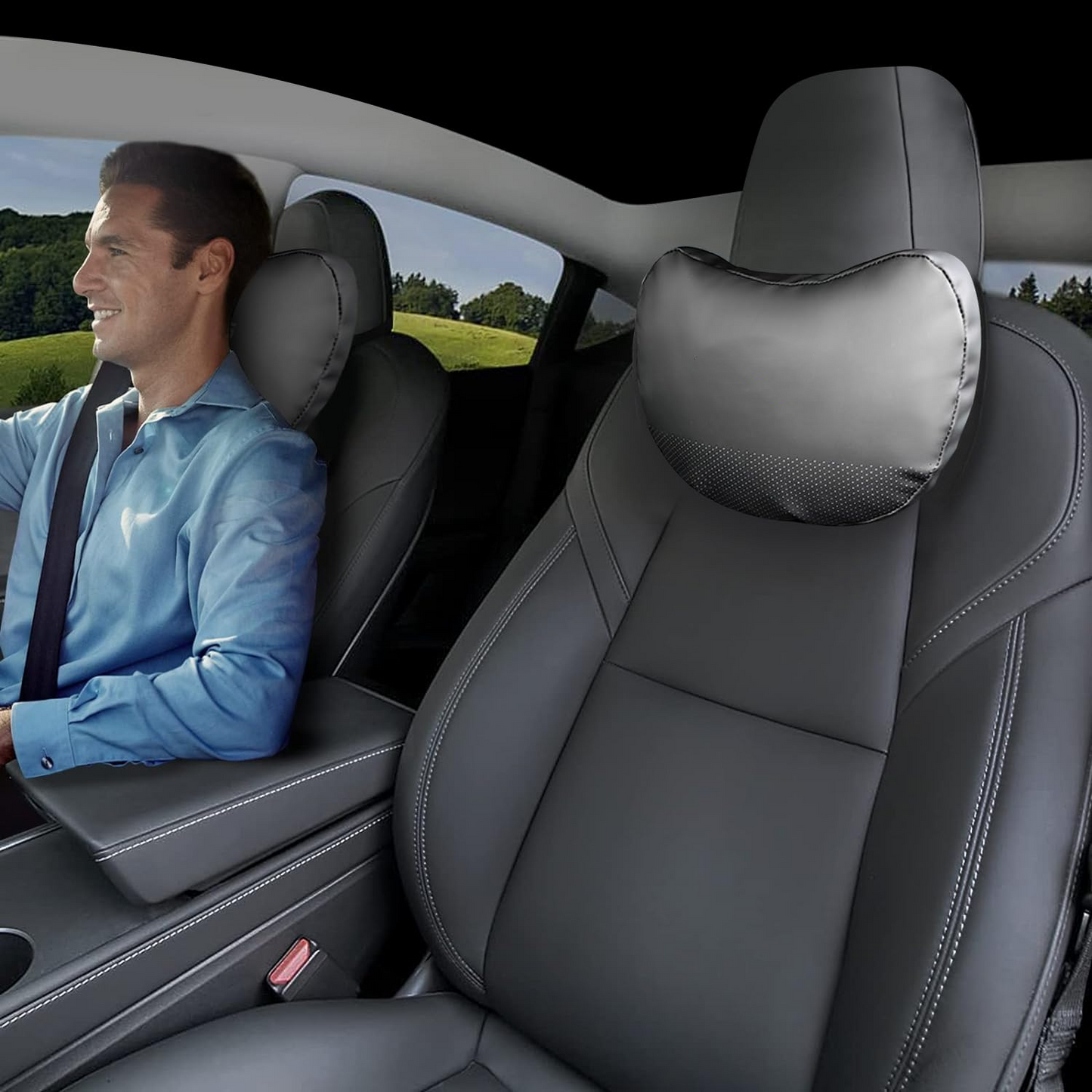 TOPABYTE Universal Car Headrest Nappa Leather Neck Pillow for BMW (Black/White/Pink/Tacora Red)