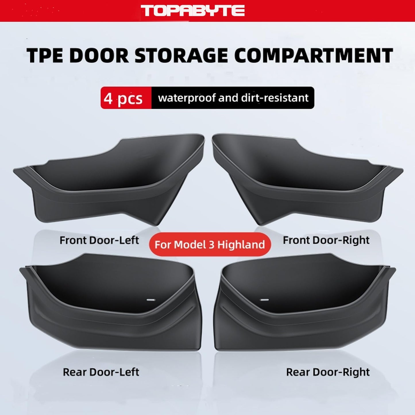 TOPABYTE Door Side Storage Organizer Tray Front Rear Doors 4PCs For Model 3 & Model Y 2019-2025+ Highland/Juniper