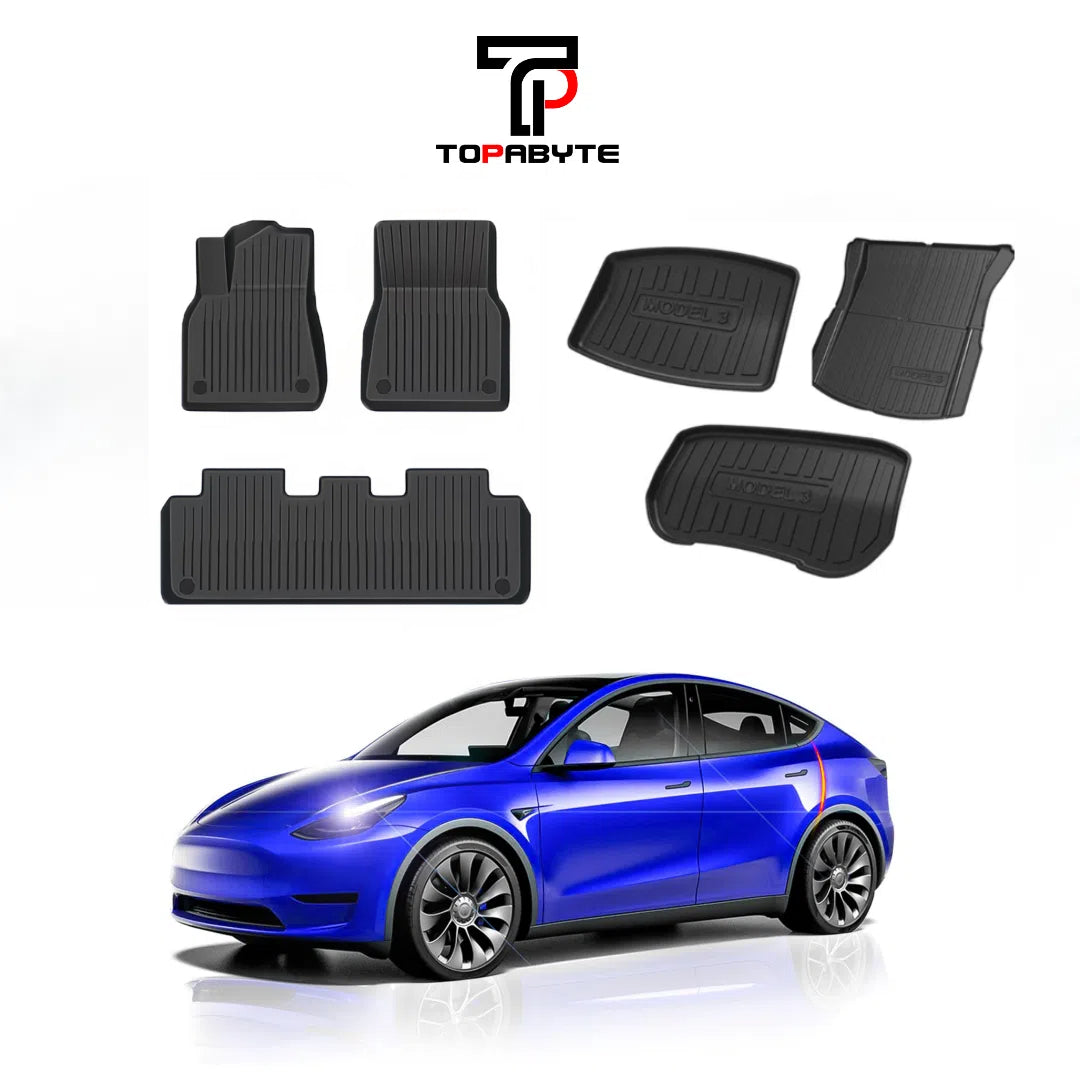 TOPABYTE TPE Floor Mats with Double Layer Flocking for Model 3 Before 2023 Oct. All-Weather Protection (6 PCs)