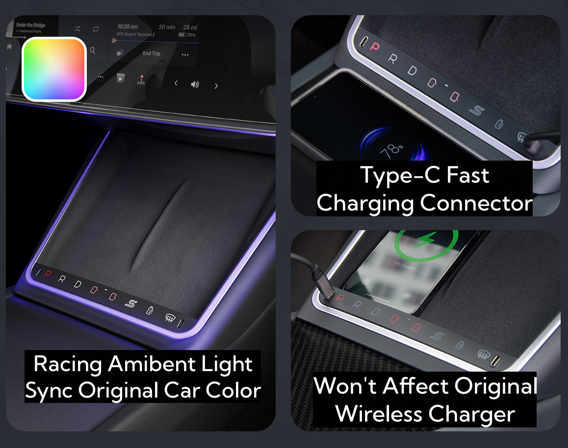 TOPABYTE Center Console Wireless Charger with Ambient Light & Buttons For Model 3 Highland & New Model Y Juniper 2025+