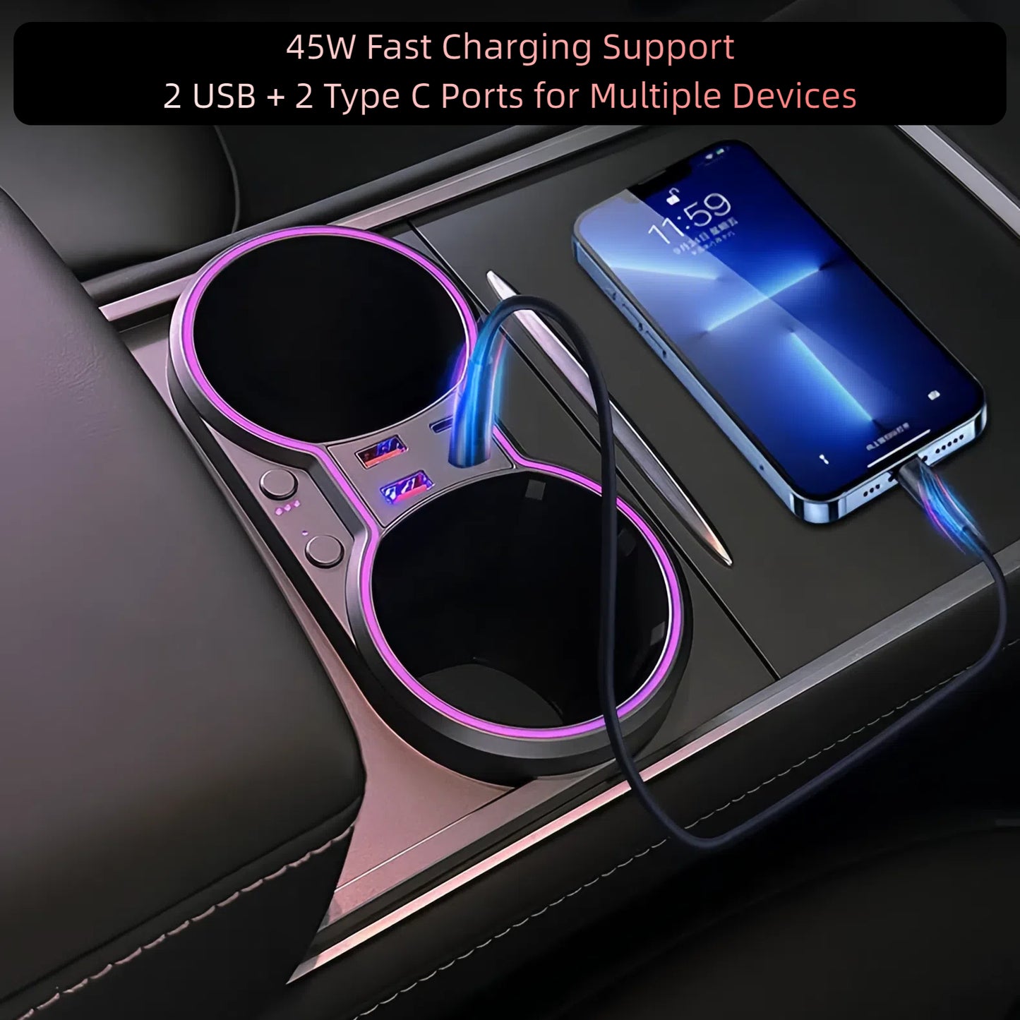 TOPABYTE Center Console Ambient Lighting USB Hub Docking Station with Air Freshener for Model 3 2021-2023 / Model Y 2020-2024