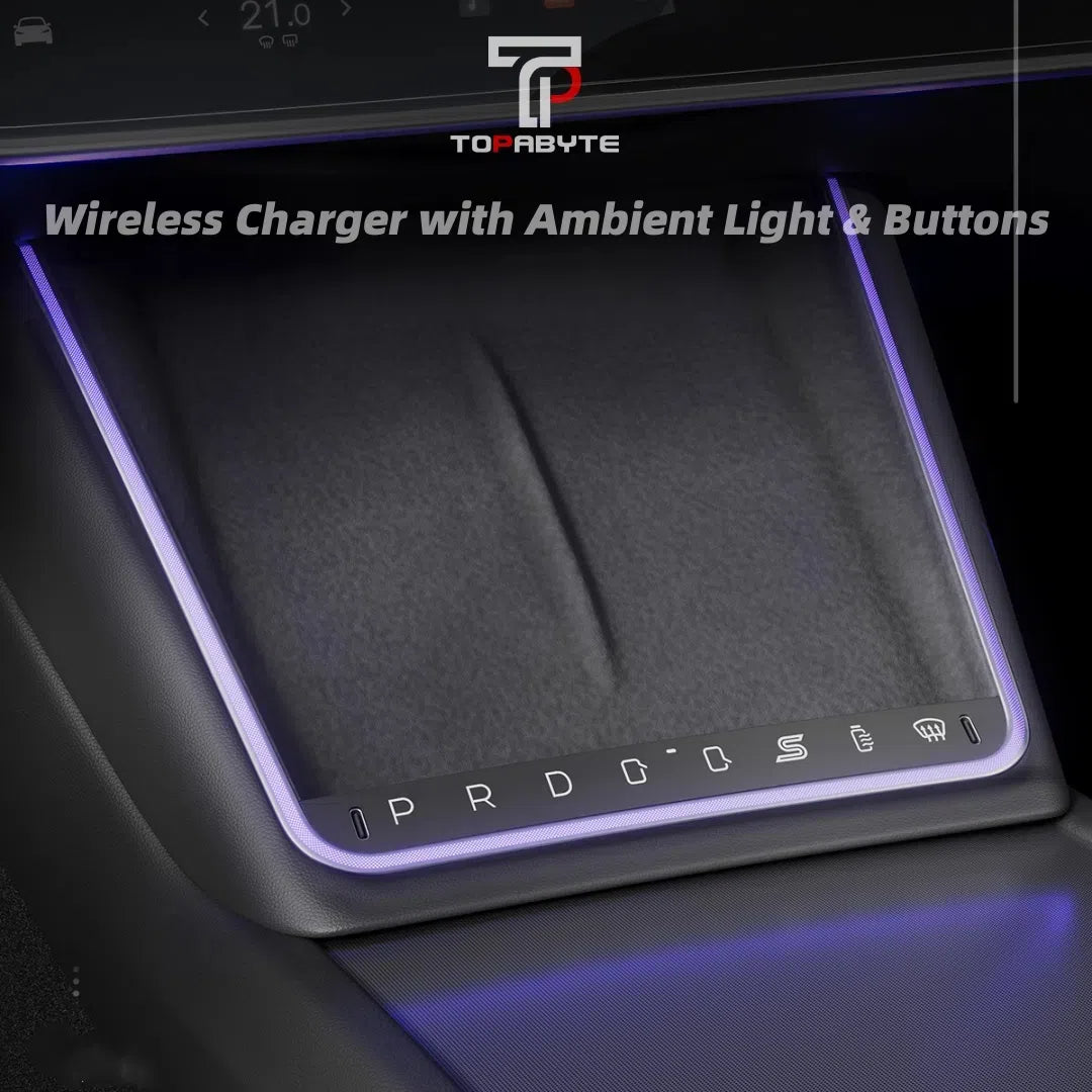 TOPABYTE Center Console Wireless Charger with Ambient Light & Buttons For Model 3 Highland & New Model Y Juniper 2025+