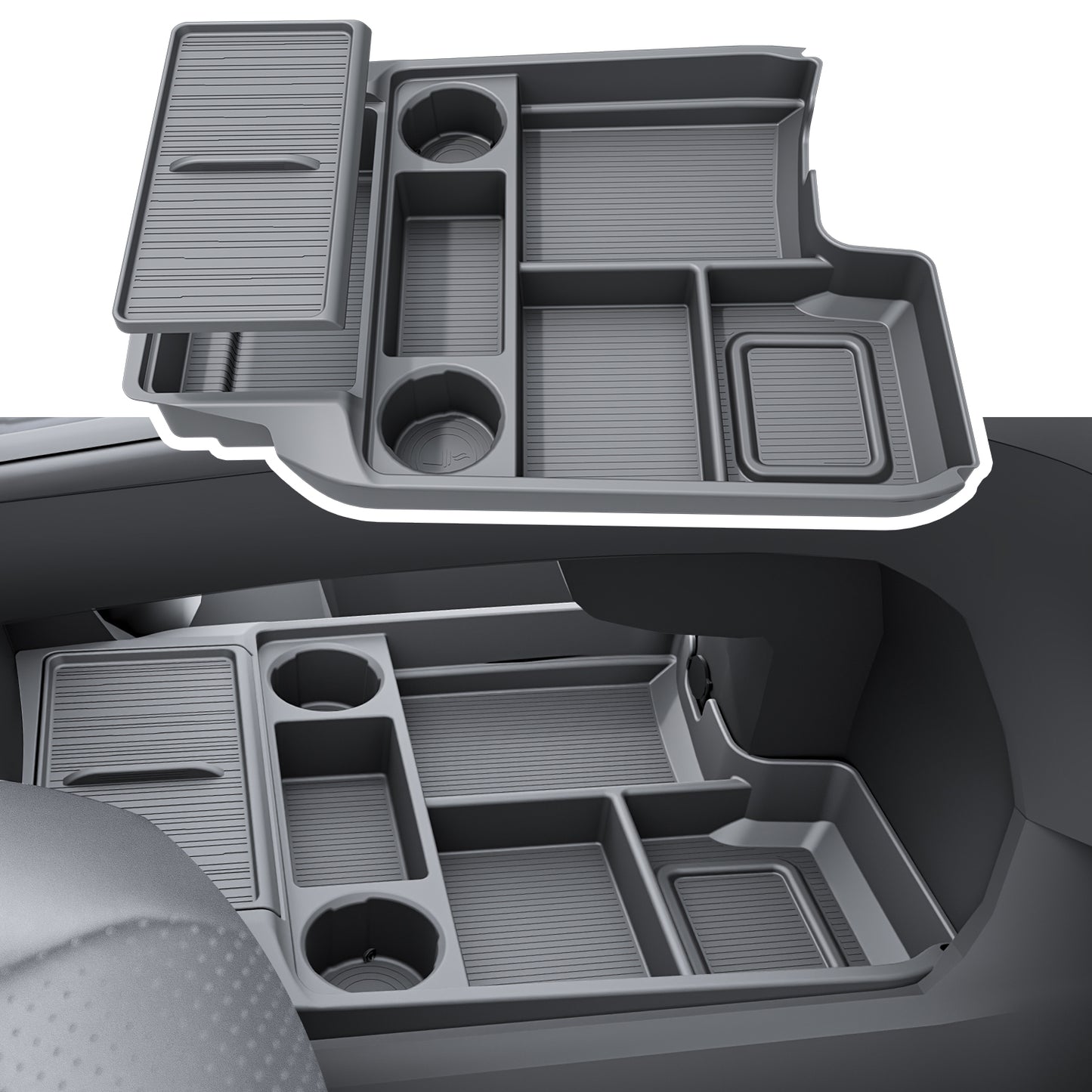 Center Console Organizer Lower Storage Box with Cup Holder for Toyota Sienna 2021-2026 TPE Material with Original Wood Grain for Sienna Interior Accessories, Black