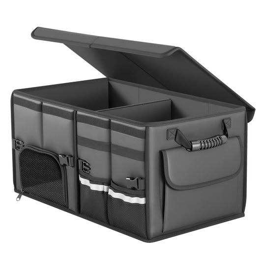 Trunk Organizer Car Organizer Leather Storage Box 2-grid Foldable | For SUVs & Pickup Truck Sedans Sturdy Organization for Car Accessories, Tools Sundries Collapsible and Adjustable 23.6 Inch