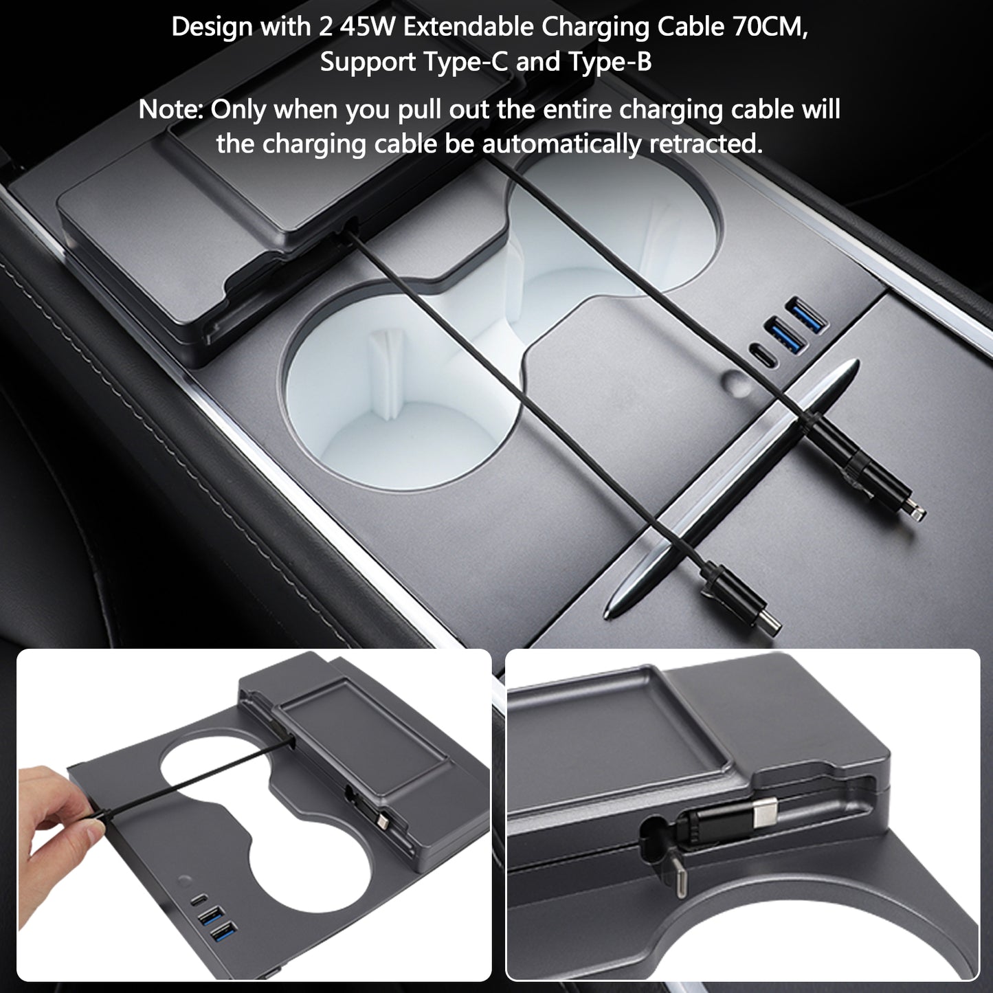 TOPABYTE Hub USB de console centrale avec câble rétractable de charge rapide et éclairage ambiant pour modèle 3 Y (2021-2023)