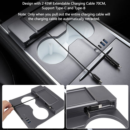 TOPABYTE Center Console USB Hub with Fast Charging Retractable Cable & Ambient Lighting for Model 3 Y (2021-2023)