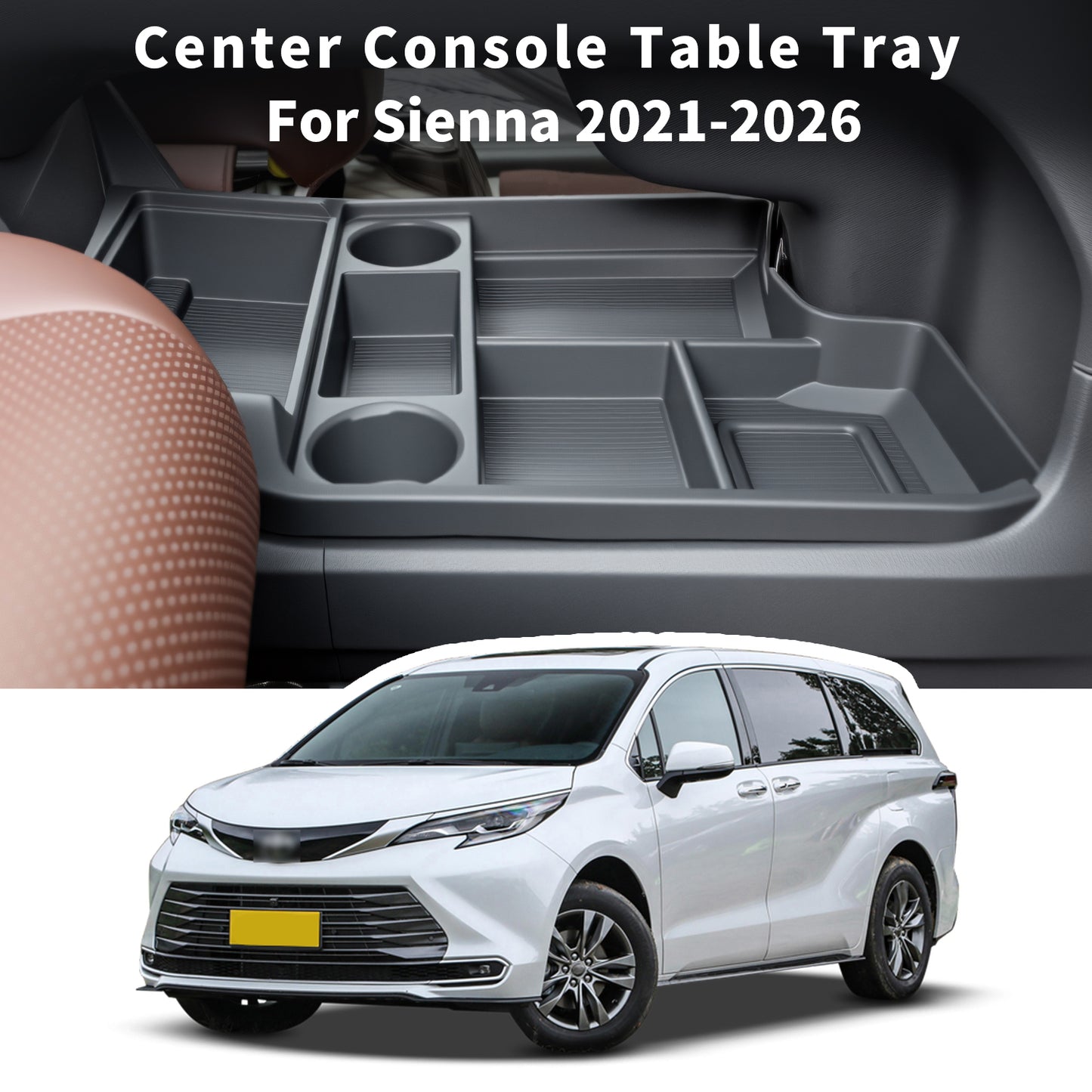 Center Console Organizer Lower Storage Box with Cup Holder for Toyota Sienna 2021-2026 TPE Material with Original Wood Grain for Sienna Interior Accessories, Black