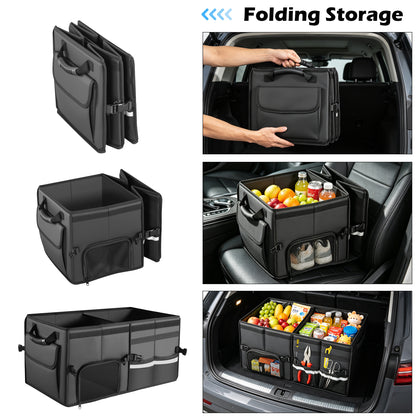 Trunk Organizer Car Organizer Leather Storage Box 2-grid Foldable | For SUVs & Pickup Truck Sedans Sturdy Organization for Car Accessories, Tools Sundries Collapsible and Adjustable 23.6 Inch