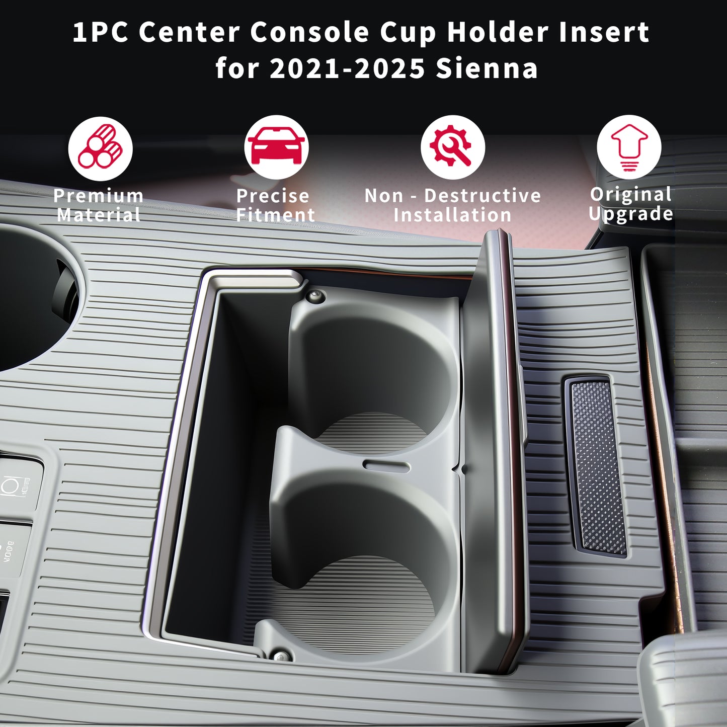 Center Console Cup Holder Insert for Sienna 2021 2022 2023 2024 2025 2026 Upgraded Organizer TPE Cup Holder for Sienna Interior Accessories