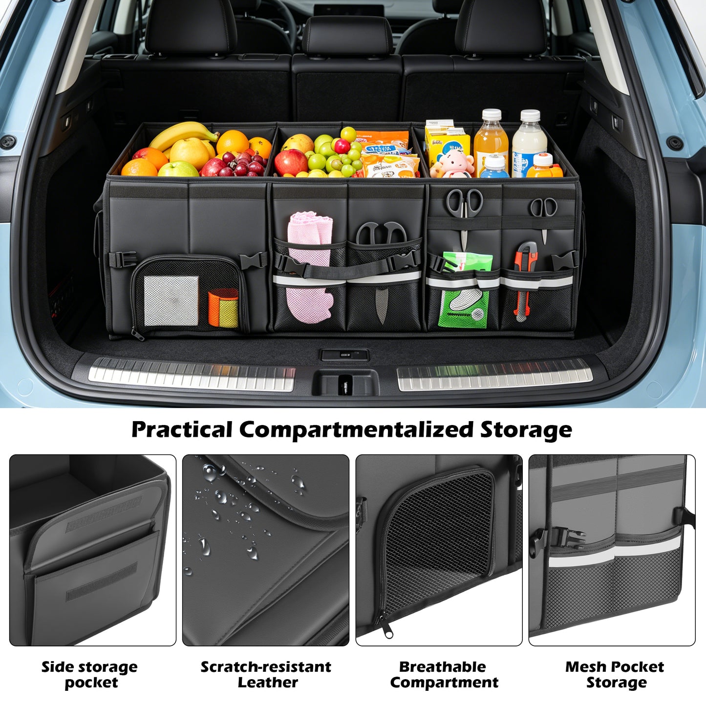 Trunk Organizer Car Organizer Leather Storage Box 3-grid Foldable | For SUVs & Pickup Truck Sedans Sturdy Organization for Car Accessories, Tools Sundries Collapsible and Adjustable 35.5 Inch
