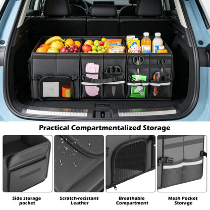 Trunk Organizer Car Organizer Leather Storage Box 3-grid Foldable | For SUVs & Pickup Truck Sedans Sturdy Organization for Car Accessories, Tools Sundries Collapsible and Adjustable 35.5 Inch