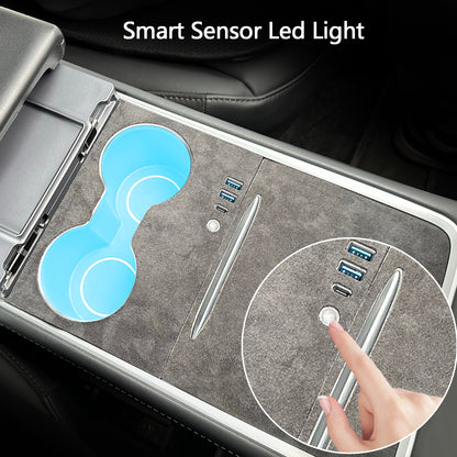 TOPABYTE Center Console USB Hub with Fast Charging Retractable Cable & Ambient Lighting for Model 3 Y (2021-2023)