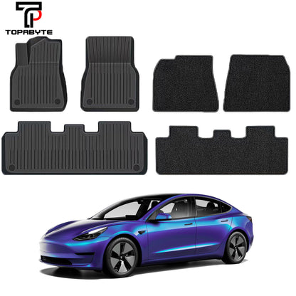 TOPABYTE TPE Floor Mats with Double Layer Flocking for Model 3 Highland 2024 All-Weather Protection (6 PCs)