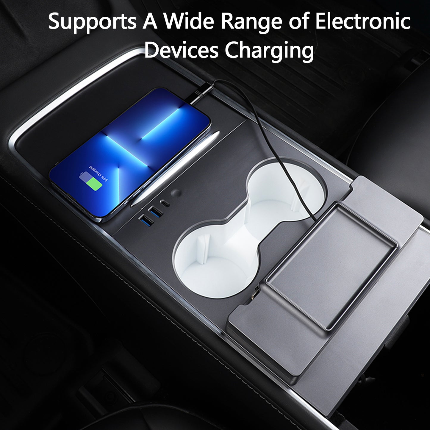 TOPABYTE Hub USB de console centrale avec câble rétractable de charge rapide et éclairage ambiant pour modèle 3 Y (2021-2023)