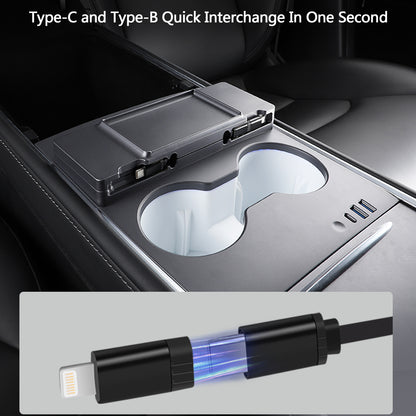 TOPABYTE Center Console USB Hub with Fast Charging Retractable Cable & Ambient Lighting for Model 3 Y (2021-2023)