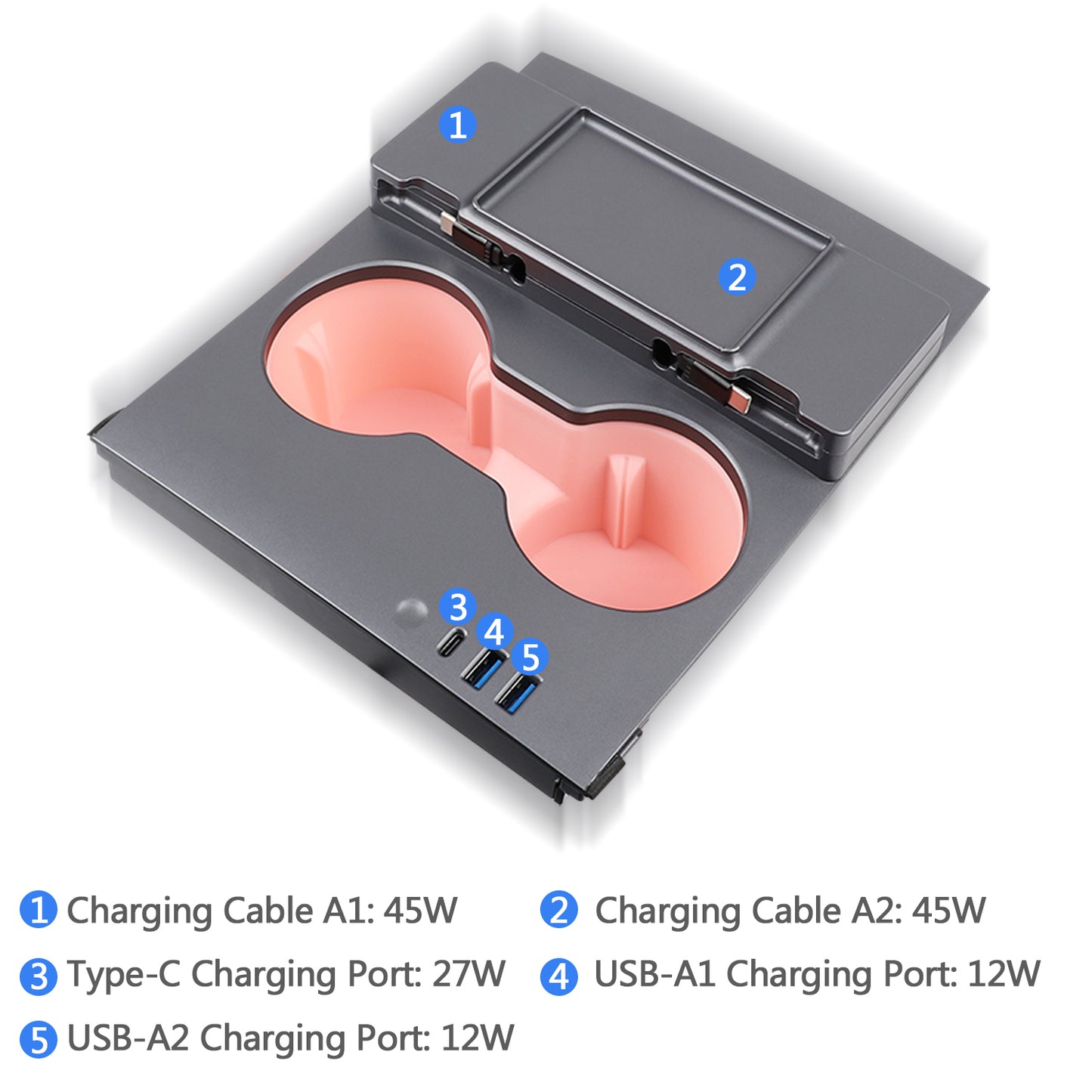 TOPABYTE Hub USB de console centrale avec câble rétractable de charge rapide et éclairage ambiant pour modèle 3 Y (2021-2023)