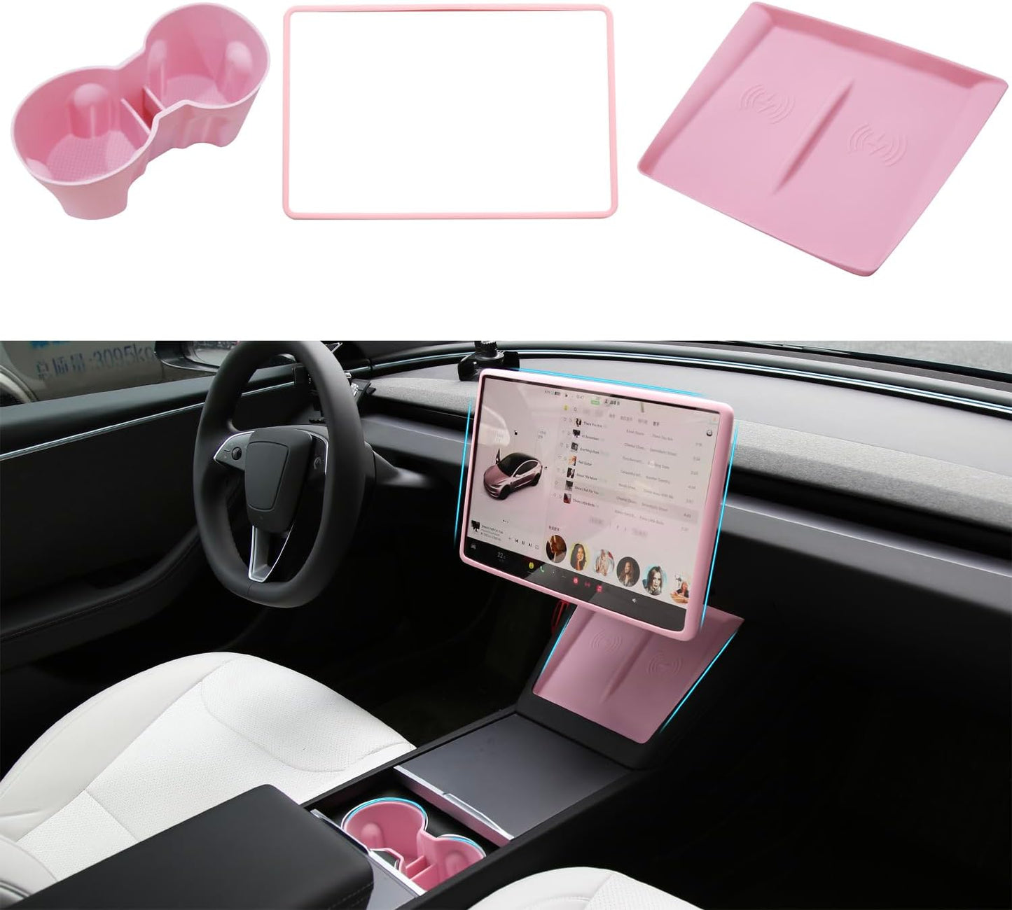 Topaocte Center Console Accessories Set - Porte-tasse, protecteur de bord d'écran, Silicone Mat de chargeur sans fil pour modèle 3 / Highland / Y