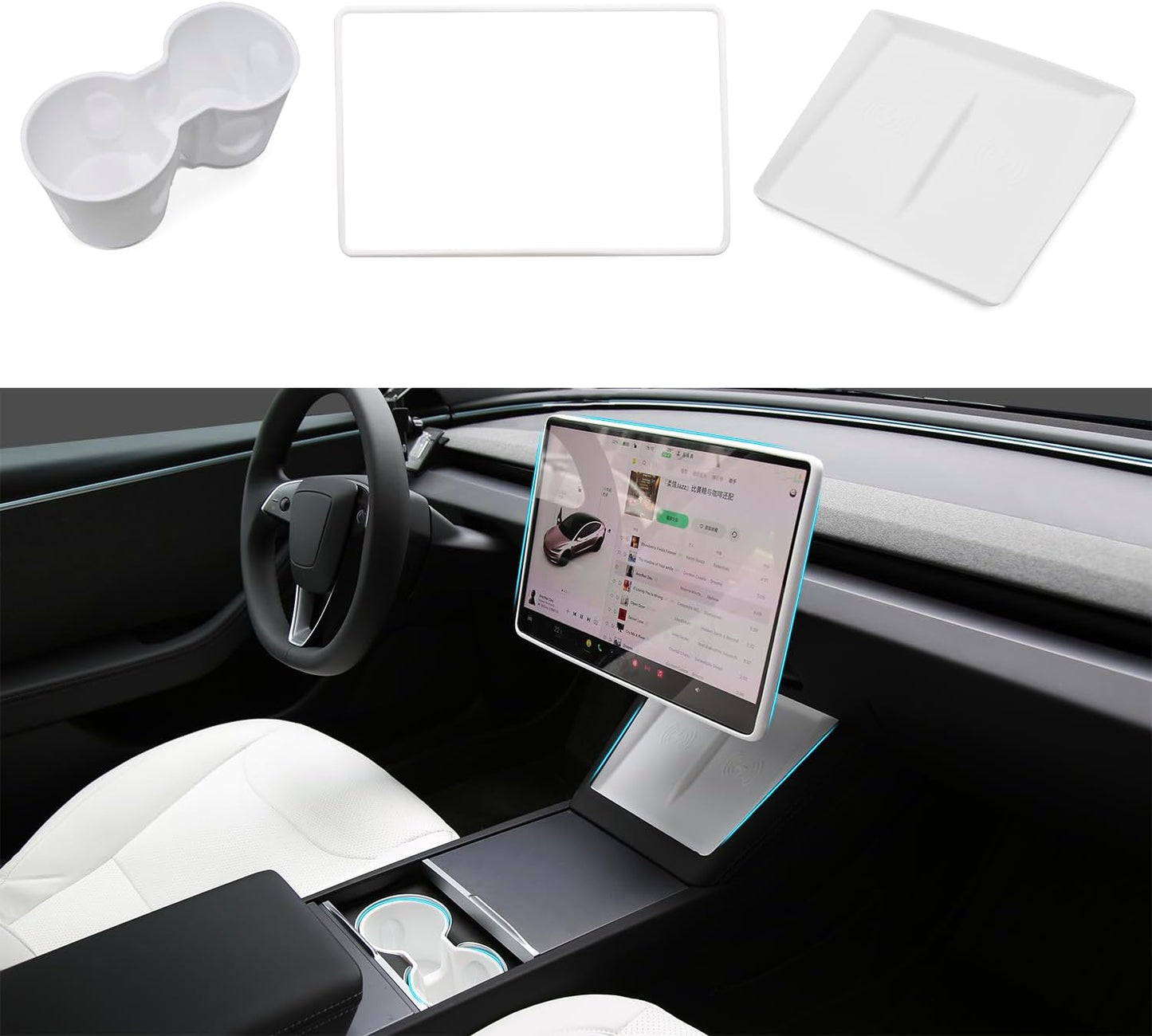 TOPABYTE Center Console Accessories Set - Cup Holder, Screen Edge Protector, Wireless Charger Mat Silicone For Model 3/Highland/Y