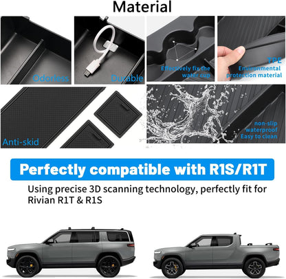 Bandeja de organizador de la consola Topabyte con portavasos, caja de almacenamiento del reposabrazos para Rivian R1T R1s 2022-2024 (2 piezas)