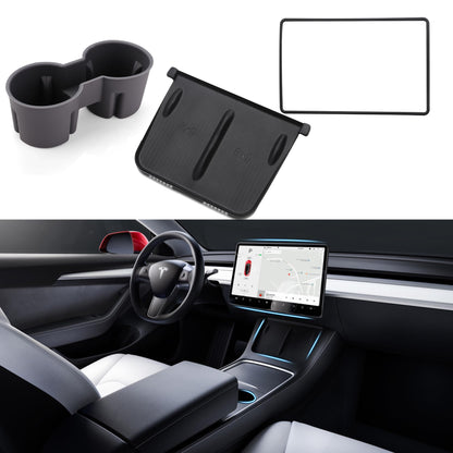 TOPABYTE Center Console Accessories Set - Cup Holder, Screen Edge Protector, Wireless Charger Mat Silicone For Model 3/Highland/Y/Juniper