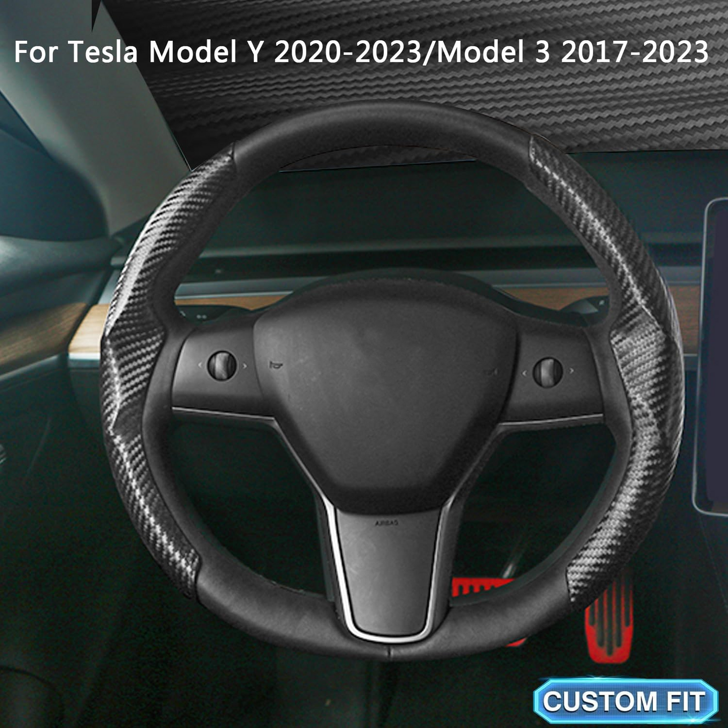 TOPABYTE Steering Wheel Cover Carbon Fiber and Liquid Style for All Model 3 Y S X Universally for Most Car