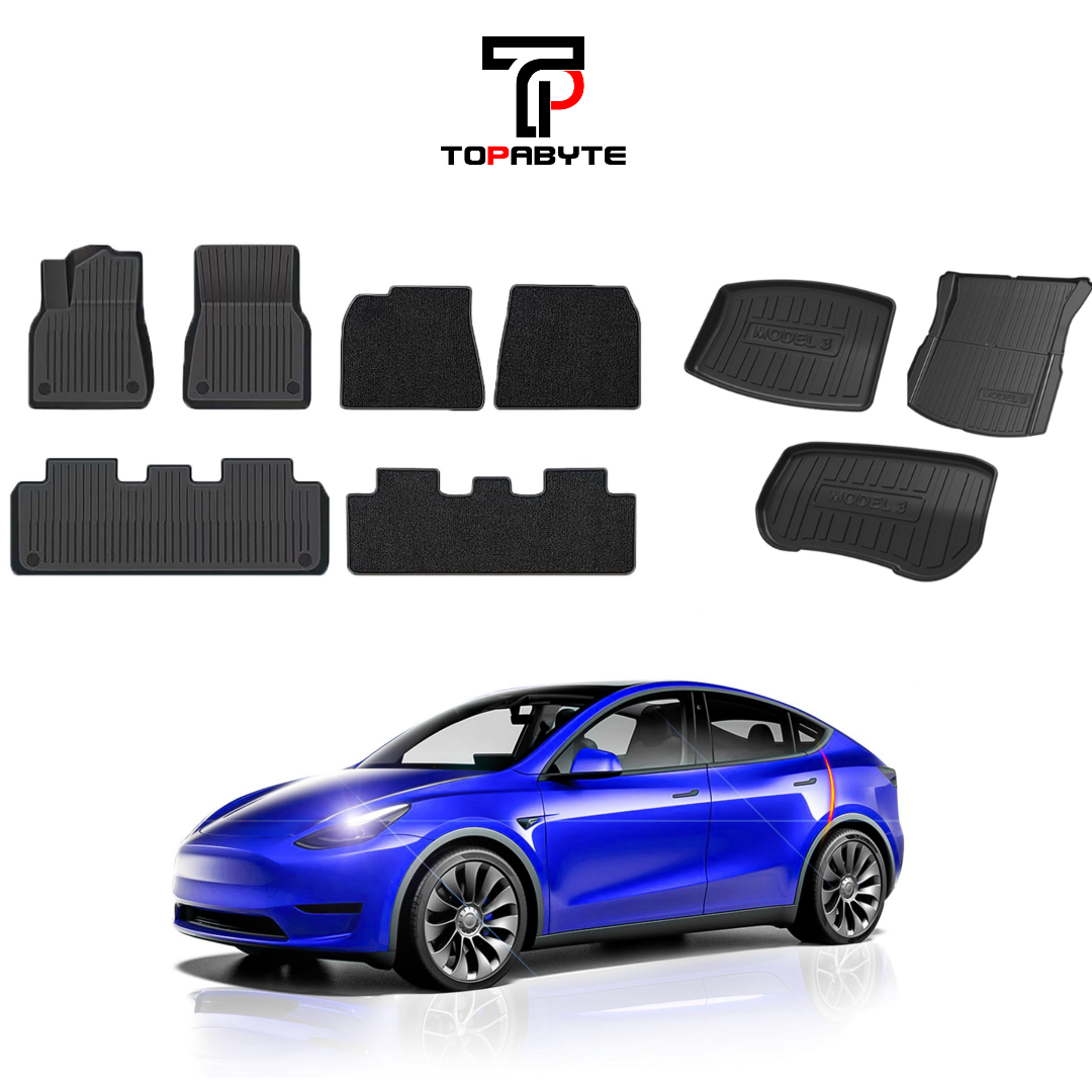 TOPABYTE TPE Floor Mats with Double Layer Flocking for Model Y 2020-2024 All-Weather Protection (6 PCs)