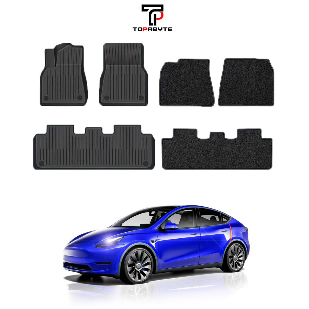 TOPABYTE TPE Floor Mats with Double Layer Flocking for Model Y 2020-2024 All-Weather Protection (6 PCs)