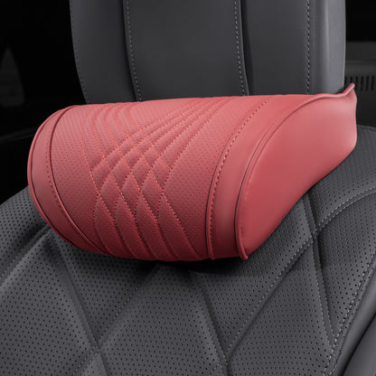 TOPABYTE Car Breathable Leather Headrest Neck Pillow Memory Foam with Embroidered Design (Black/White/Red/Palomino)