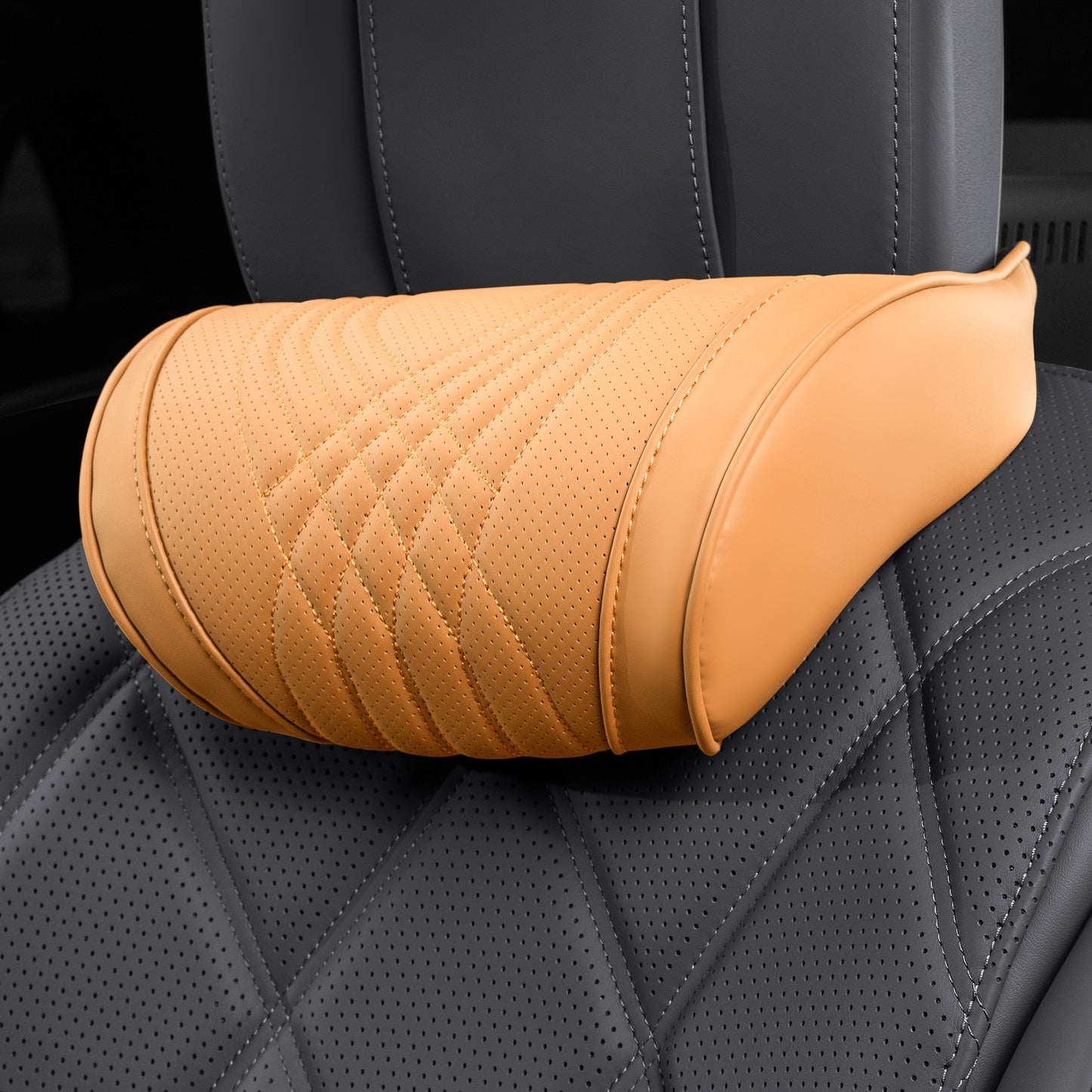 TOPABYTE Car Breathable Leather Headrest Neck Pillow Memory Foam with Embroidered Design (Black/White/Red/Palomino)