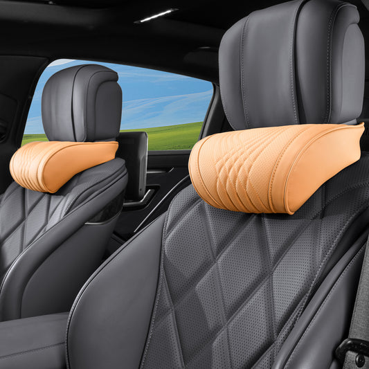 TOPABYTE Poggiatesta per auto in pelle traspirante Cuscino per collo in memory foam con design ricamato (Nero/Bianco/Rosso/Palomino)