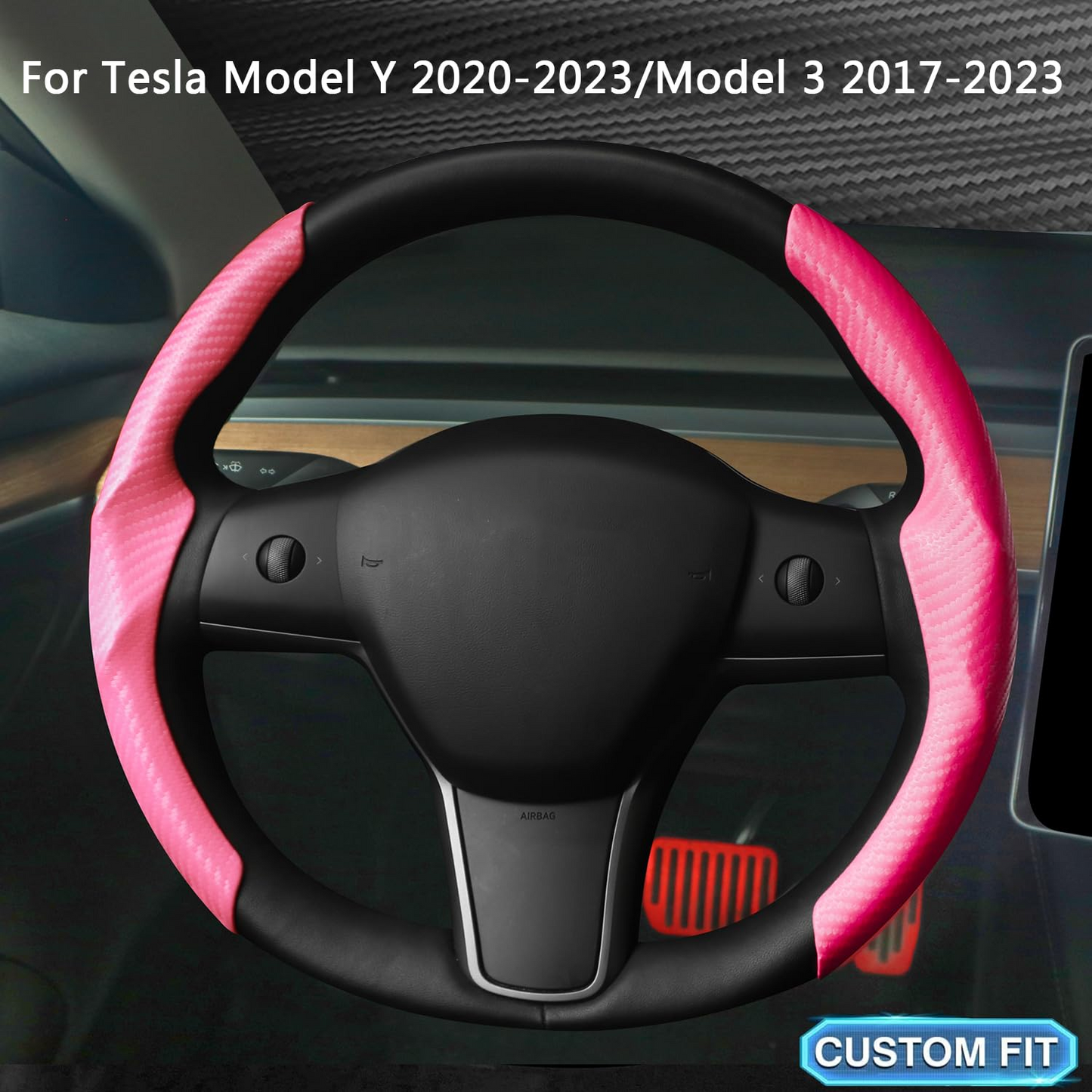 TOPABYTE Steering Wheel Cover Carbon Fiber and Liquid Style for All Model 3 Y S X Universally for Most Car