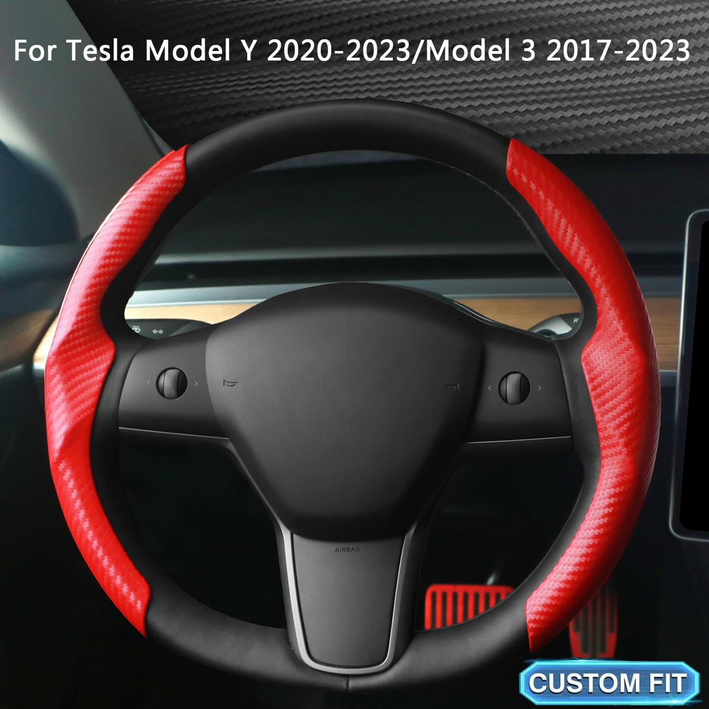 TOPABYTE Steering Wheel Cover Carbon Fiber and Liquid Style for All Model 3 Y S X Universally for Most Car