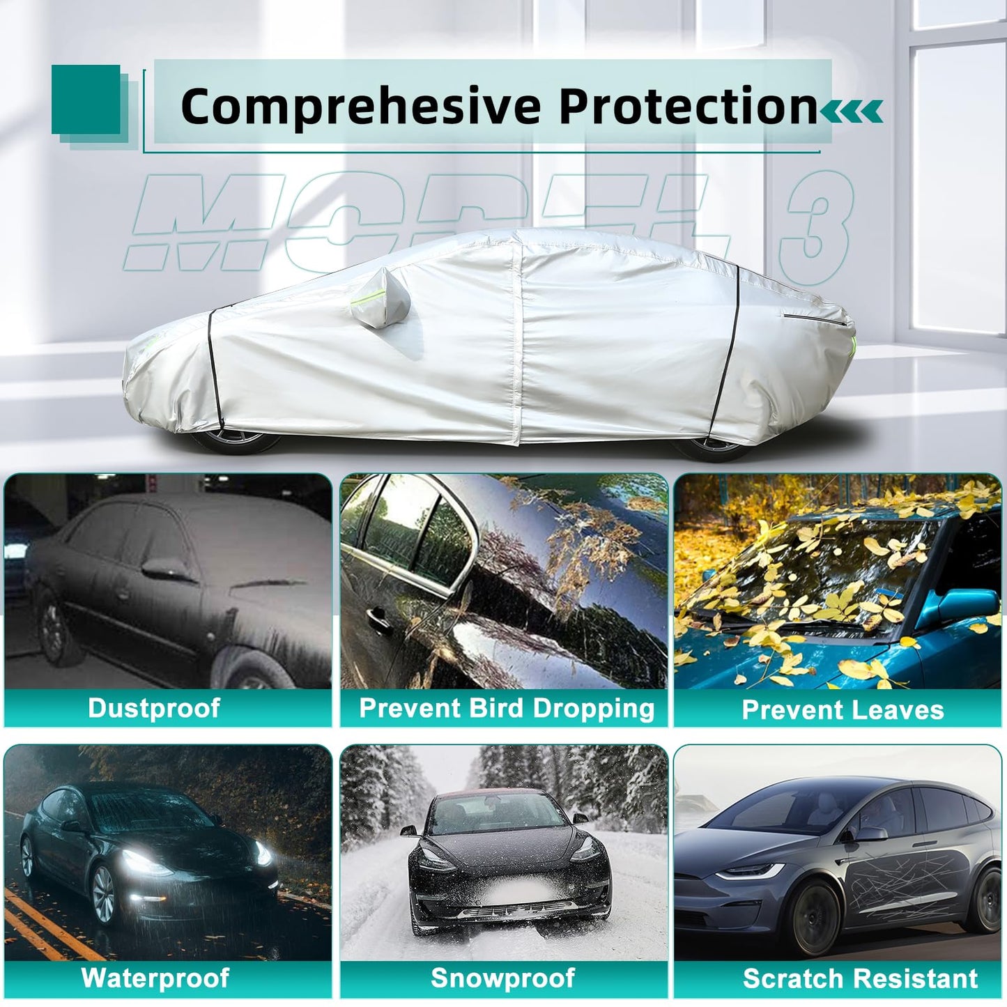 TOPABYTE Car Cover Waterproof Sedan Cover for All Model 3 2017-2023 Highland Model Y 2020-2024