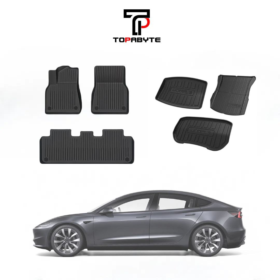 TOPABYTE TPE Floor Mats with Double Layer Carpet for Model 3 Highland 2024 2025 All-Weather Protection (6PCs)