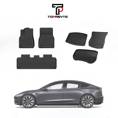 TOPABYTE TPE Floor Mats with Double Layer Carpet for Model 3 Highland 2024 2025 All-Weather Protection (6PCs)