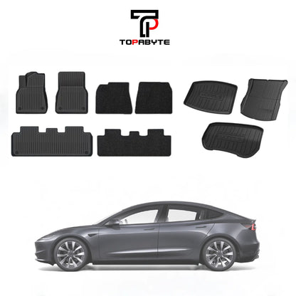 TOPABYTE TPE Floor Mats with Double Layer Carpet for Model 3 Highland 2024 2025 All-Weather Protection (6PCs)